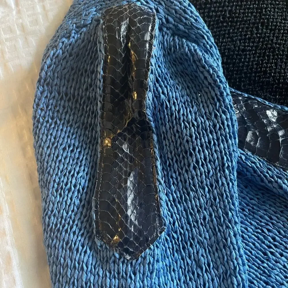 Surplice v- neck sweater hand knit blue snake skin trim 3/4 length sleeves